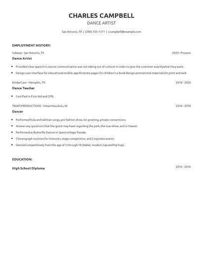 Dance Artist Resume