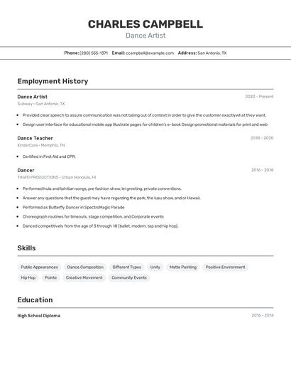 Dance Artist Resume
