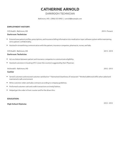Darkroom Technician Resume