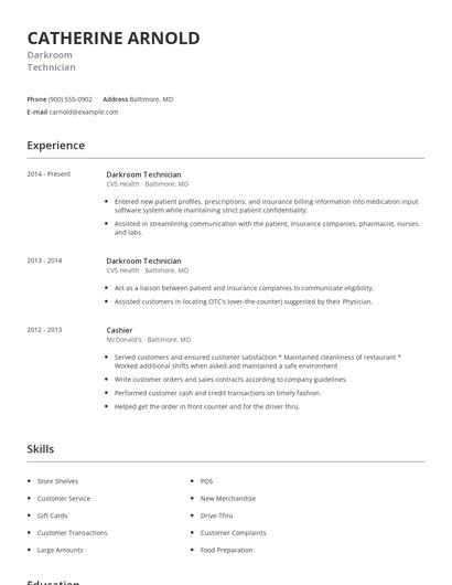 Darkroom Technician Resume