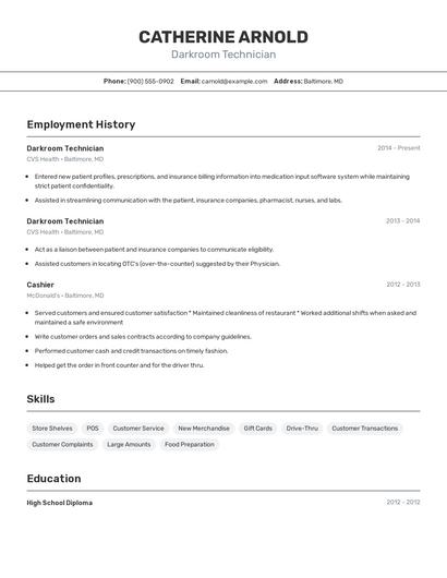 Darkroom Technician Resume