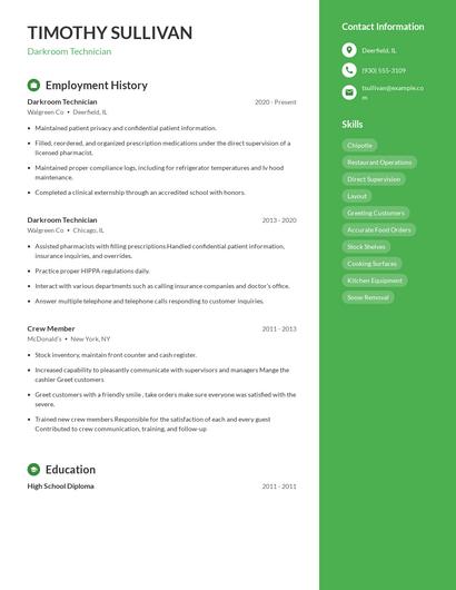 Darkroom Technician Resume