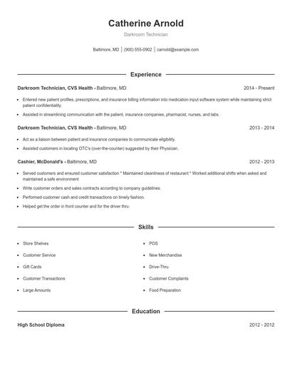 Darkroom Technician Resume