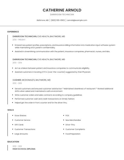 Darkroom Technician Resume
