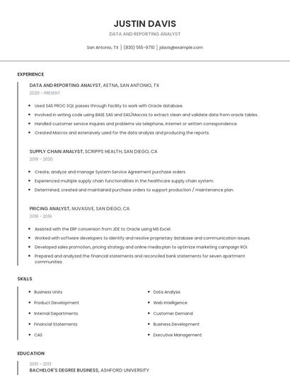 Data And Reporting Analyst Resume