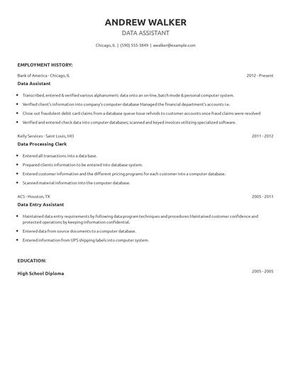 Data Assistant Resume