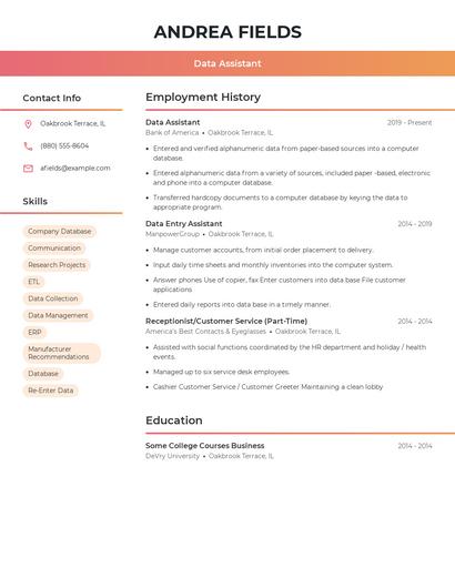 Data Assistant Resume