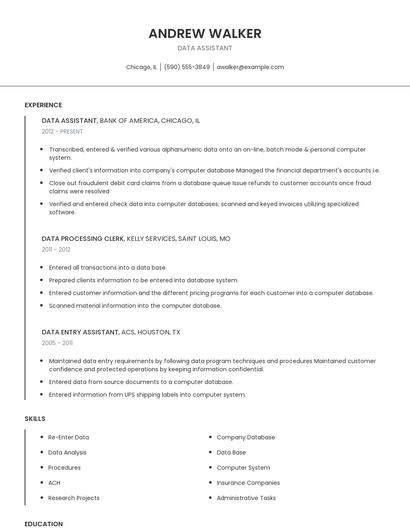 Data Assistant Resume