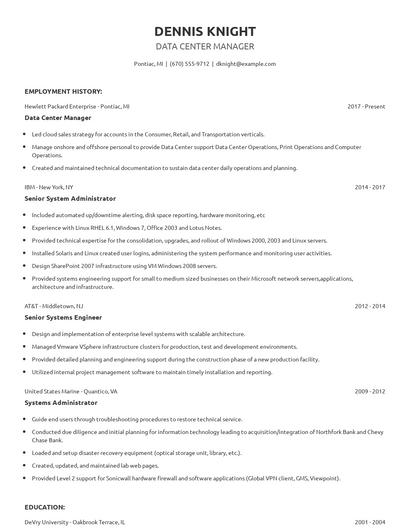 Data Center Manager Resume