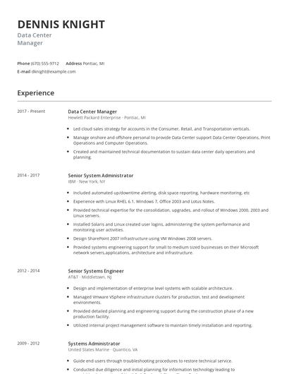 Data Center Manager Resume