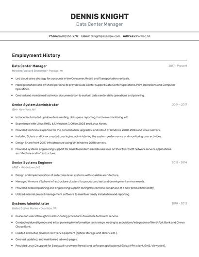 Data Center Manager Resume