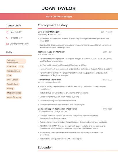 Data Center Manager Resume