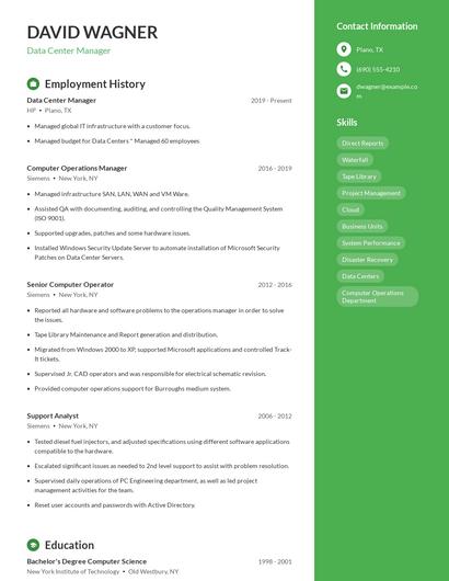 Data Center Manager Resume
