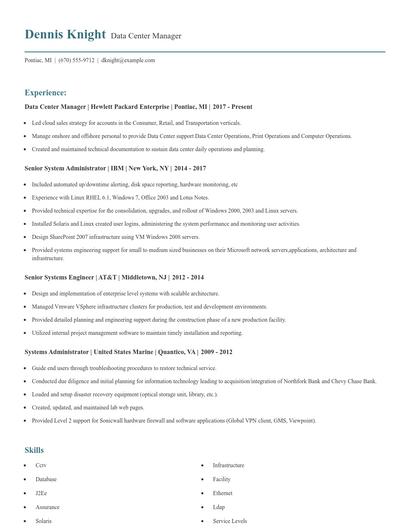 Data Center Manager Resume