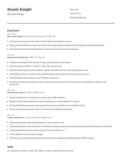 Data Center Manager Resume