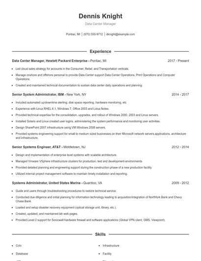 Data Center Manager Resume