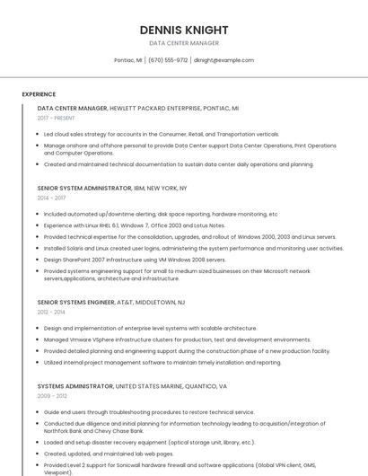 Data Center Manager Resume