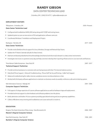 Data Center Technician Lead Resume