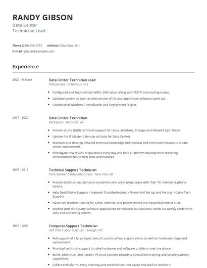 Data Center Technician Lead Resume