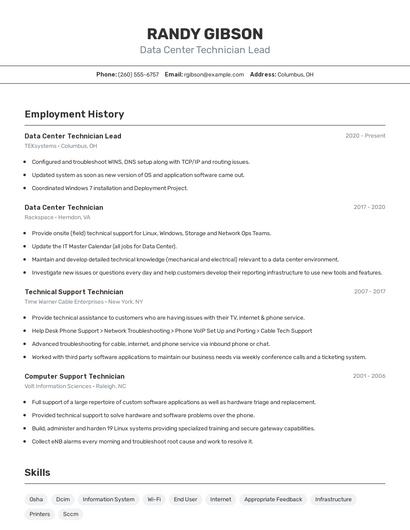 Data Center Technician Lead Resume