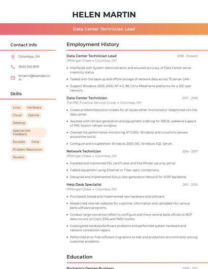 Data Center Technician Lead Resume