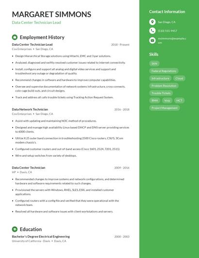 Data Center Technician Lead Resume