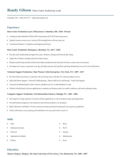 Data Center Technician Lead Resume