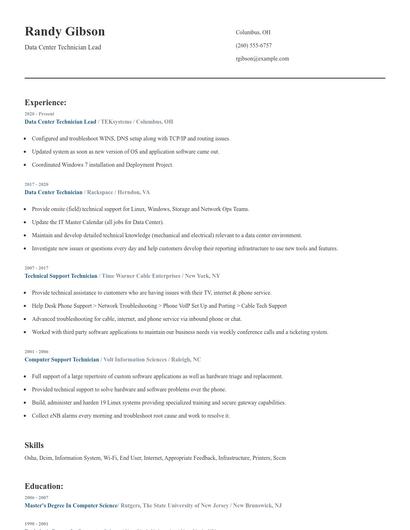 Data Center Technician Lead Resume