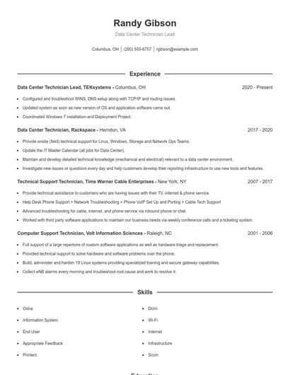 Data Center Technician Lead Resume