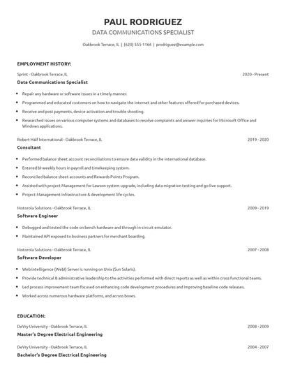 Data Communications Specialist Resume