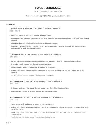 Data Communications Specialist Resume