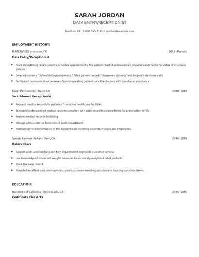 Data Entry/Receptionist Resume