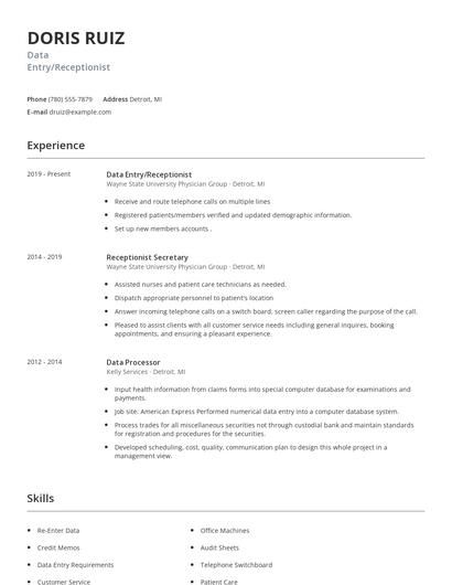 Data Entry/Receptionist Resume