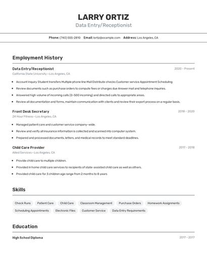 Data Entry/Receptionist Resume