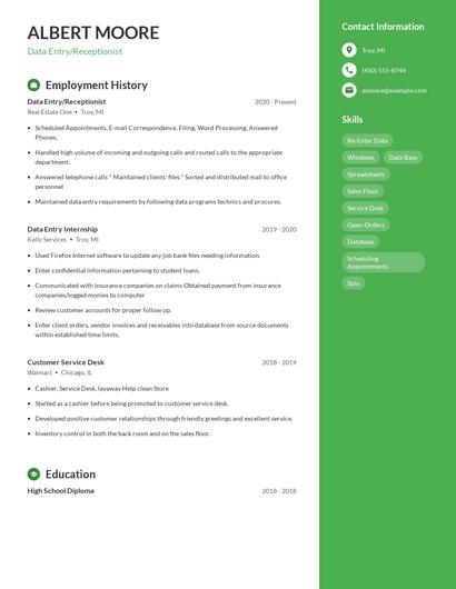 Data Entry/Receptionist Resume