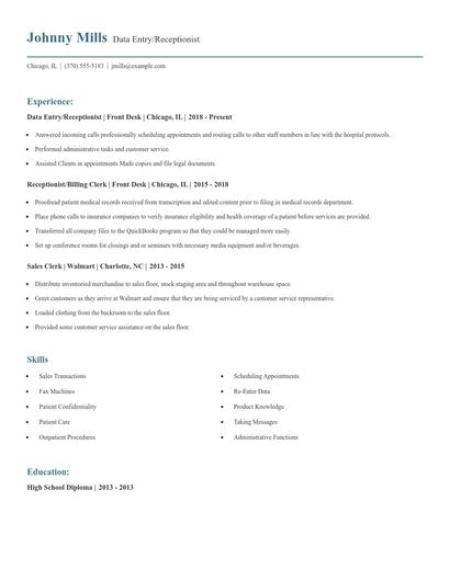 Data Entry/Receptionist Resume