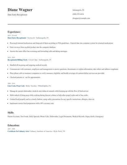 Data Entry/Receptionist Resume