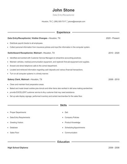 Data Entry/Receptionist Resume