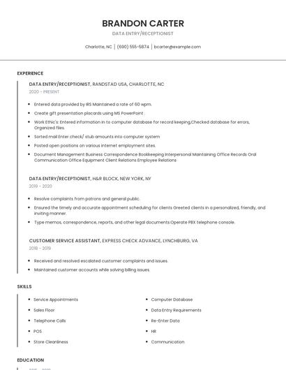 Data Entry/Receptionist Resume