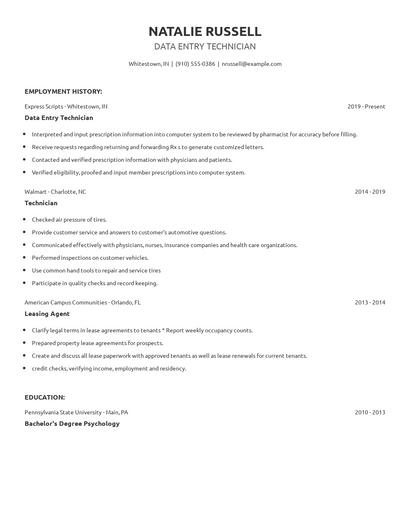 Data Entry Technician Resume