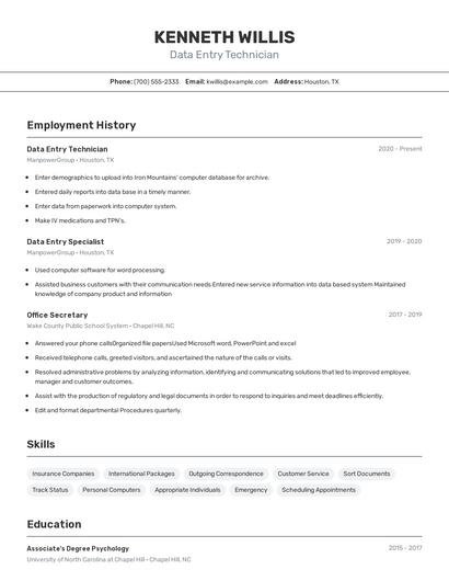 Data Entry Technician Resume