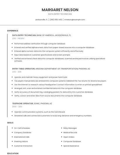Data Entry Technician Resume