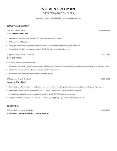 Data Examination Clerk Resume