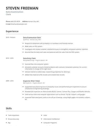 Data Examination Clerk Resume