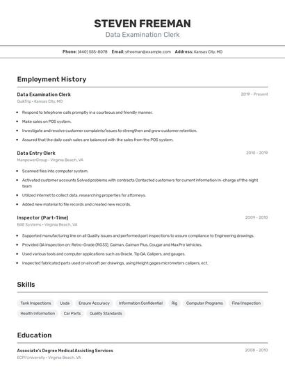 Data Examination Clerk Resume