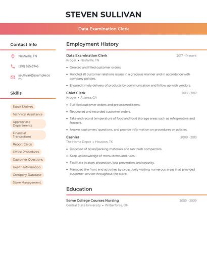 Data Examination Clerk Resume