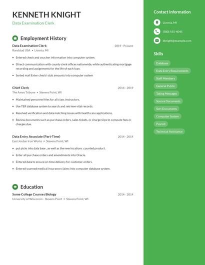 Data Examination Clerk Resume