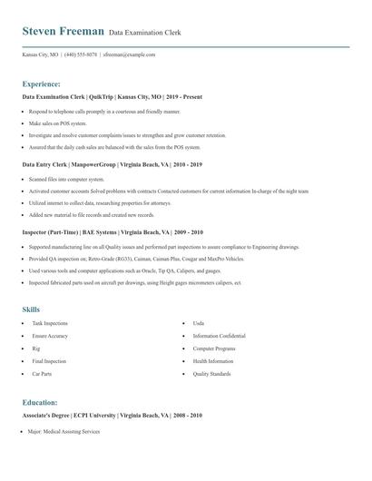 Data Examination Clerk Resume