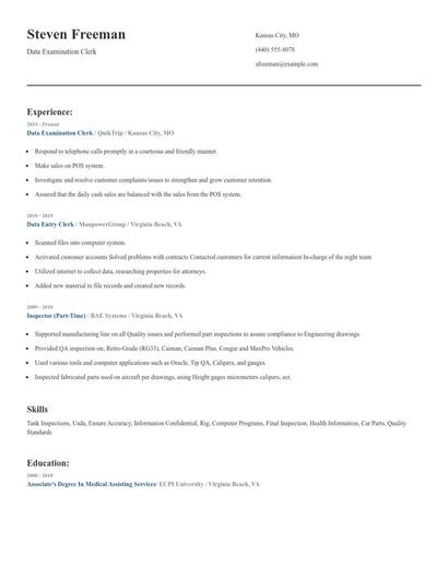 Data Examination Clerk Resume