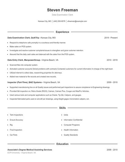 Data Examination Clerk Resume